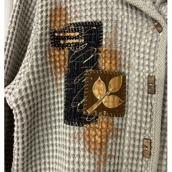 Focus Casual Life Gray Cotton Waffle Knit Embroidered Painted Cardigan Sweater S - Picture 5 of 12